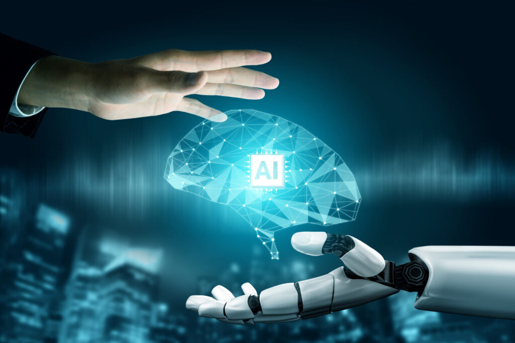 Gráfico conceptual de inteligencia artificial interactuando con humanos en un entorno digital, representando la colaboración humano-máquina en 2025.