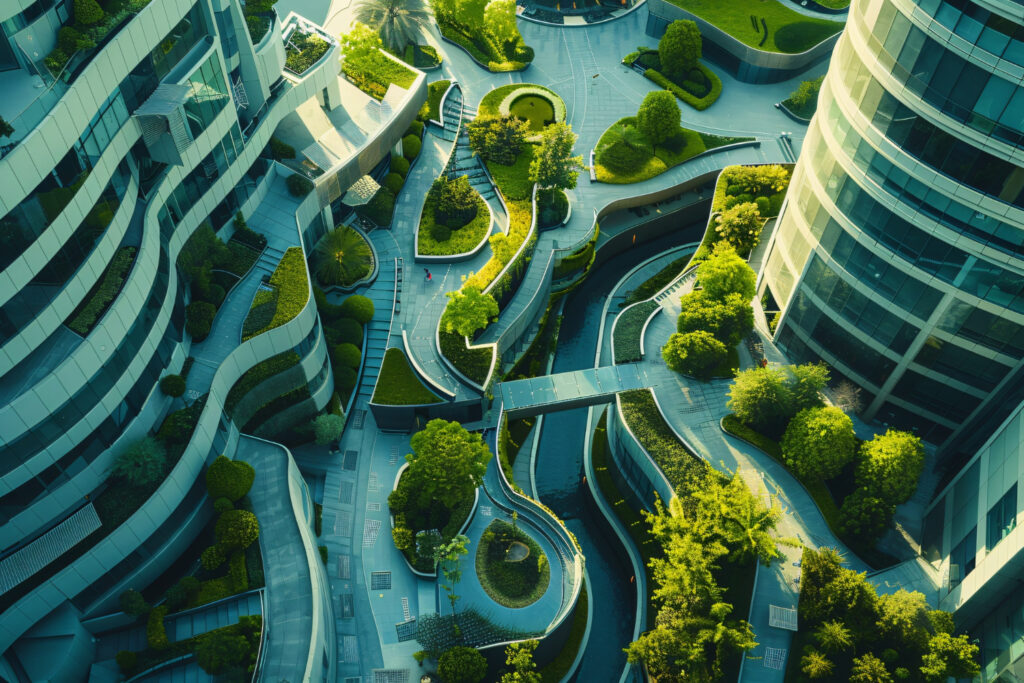 Fachada de edificio con jardines verticales y materiales sostenibles desarrollados con biotecnología.