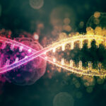 Ilustración de la tecnología CRISPR-Cas9 editando una cadena de ADN con precisión molecular.