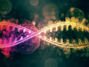 Ilustración de la tecnología CRISPR-Cas9 editando una cadena de ADN con precisión molecular.