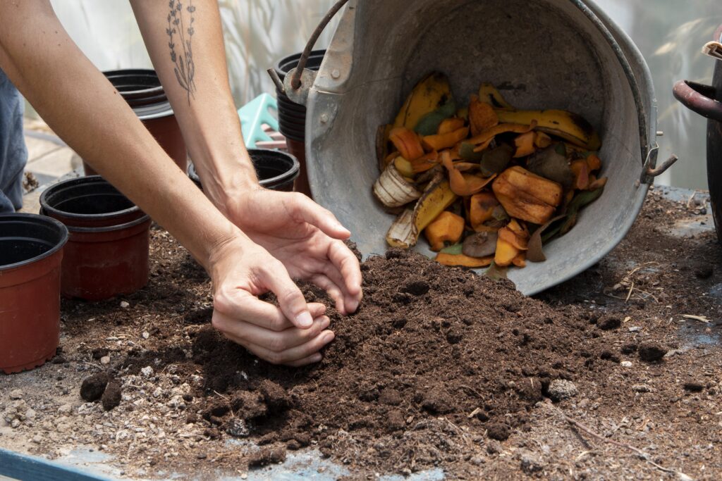 Manos revolviendo tierra de compost junto a un balde con restos de frutas y verduras, listas para ser utilizadas como abono orgánico.